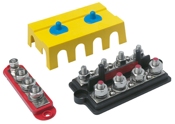 4 Point Terminal Bus Bar - Red 1 x 1/4 & 3 x 3/8Inch Studs 4 Point Terminal Bus Bar - Red 1 x 1/4 & 3 x 3/8Inch Studs